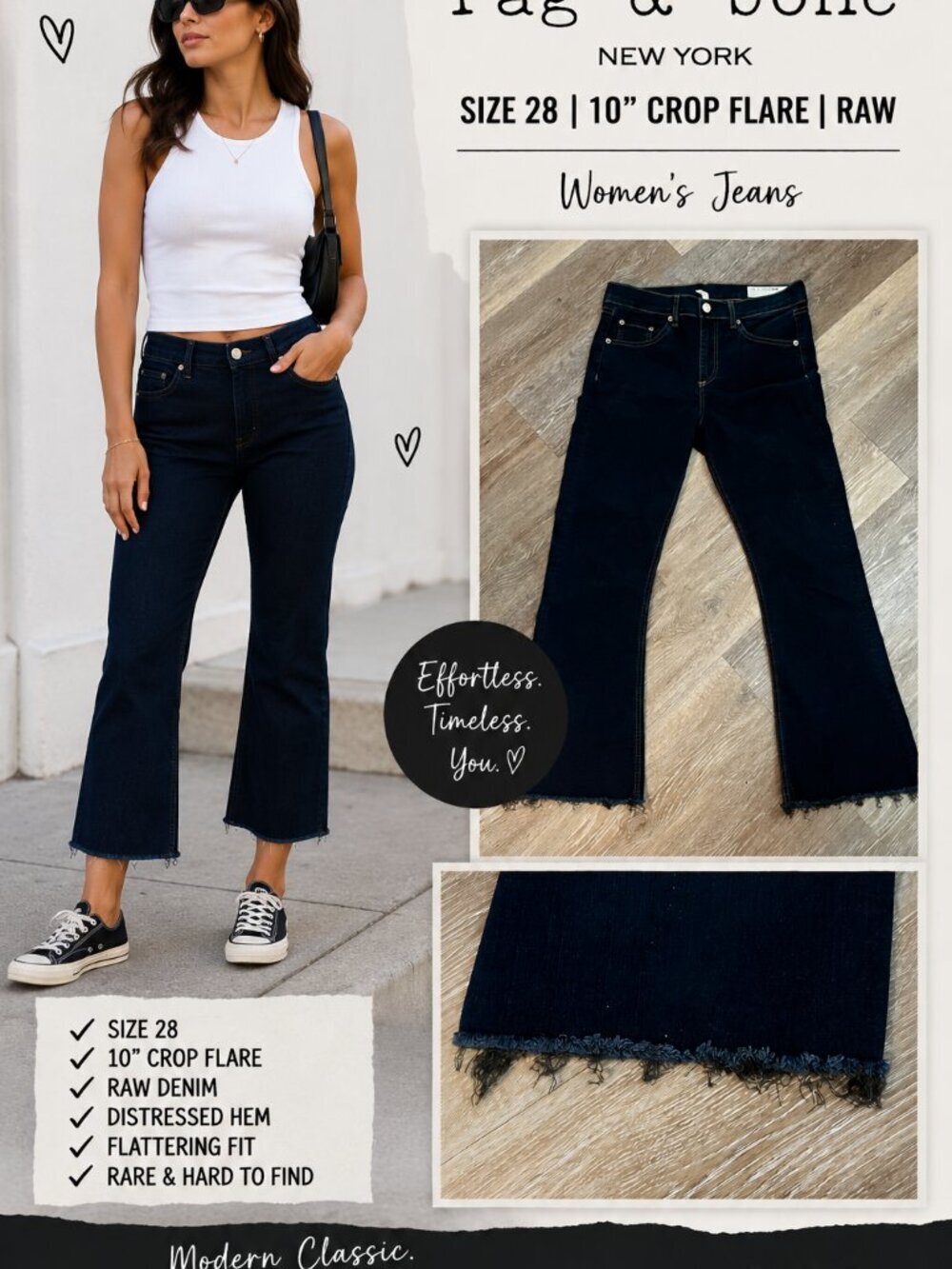 Rag & Bone Crop Flare Jeans Size 28 Raw Hem Dark Wash Ankle Cropped Denim